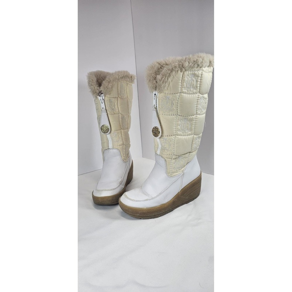 Juicy Couture Y2k Women Winter Boots Size 6 White Faux Fur Zip Mid Calf Quilted